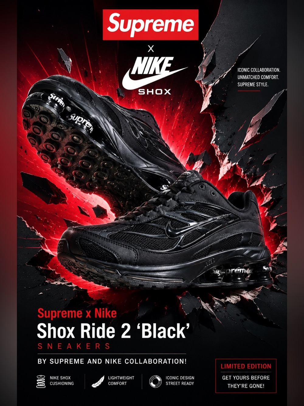 New!🔥Supreme x Nike Shox Ride 2 'Black' sneakers!🔥